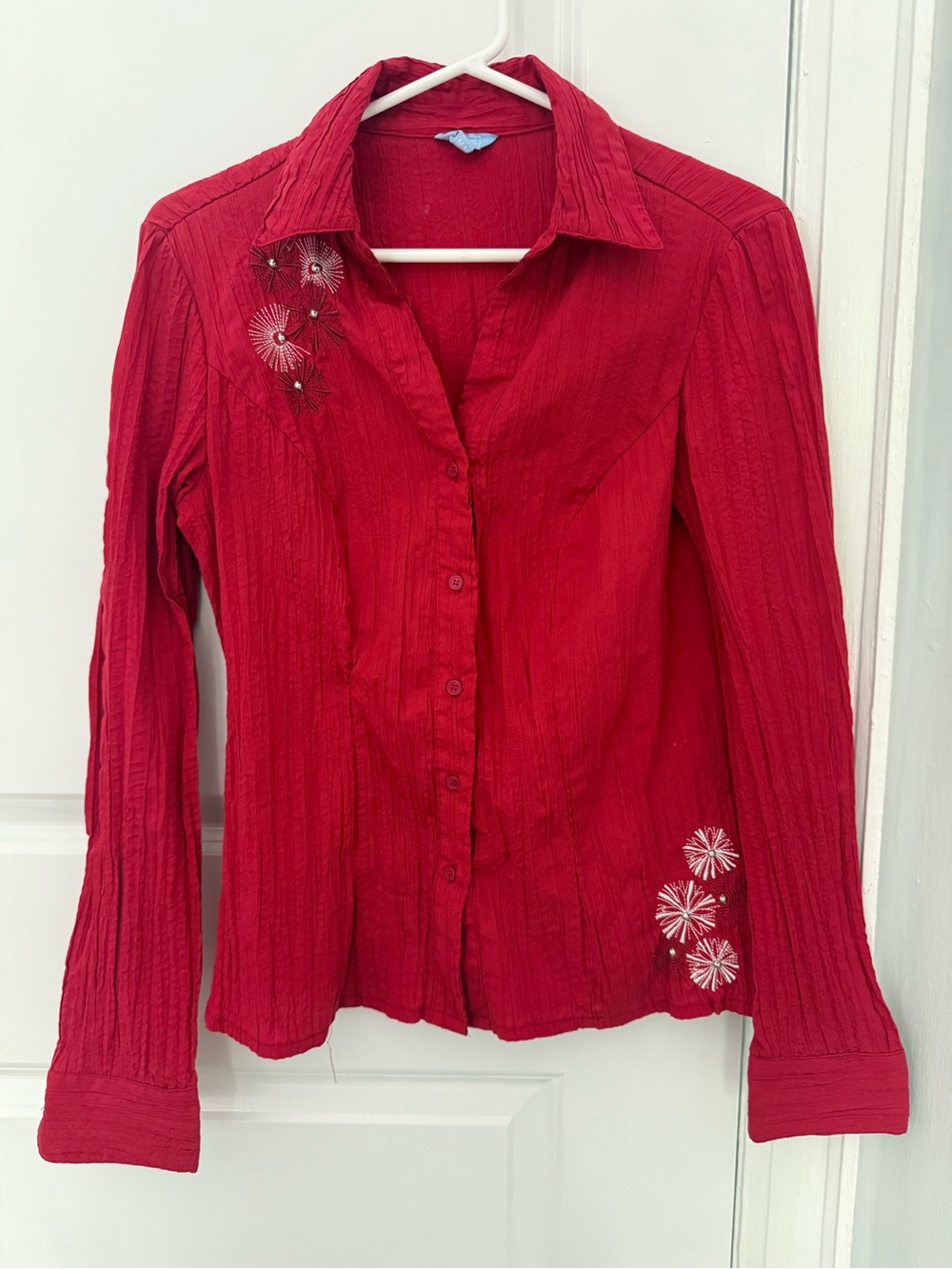 Denver Hayes Red Button-Down Shirt with Embroidered Floral Accents
